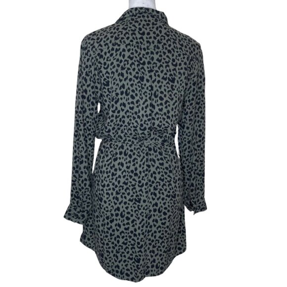 H&M Divided Khaki Green Leopard Print Button Up Tie Waist Mini Dress Sz 12 - Picture 4 of 12